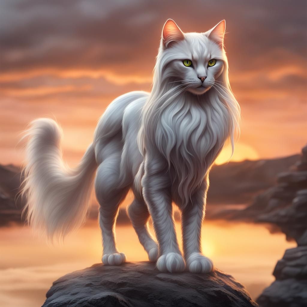 Cat Warrior in Sunset Silhouette Fantasy Landscape