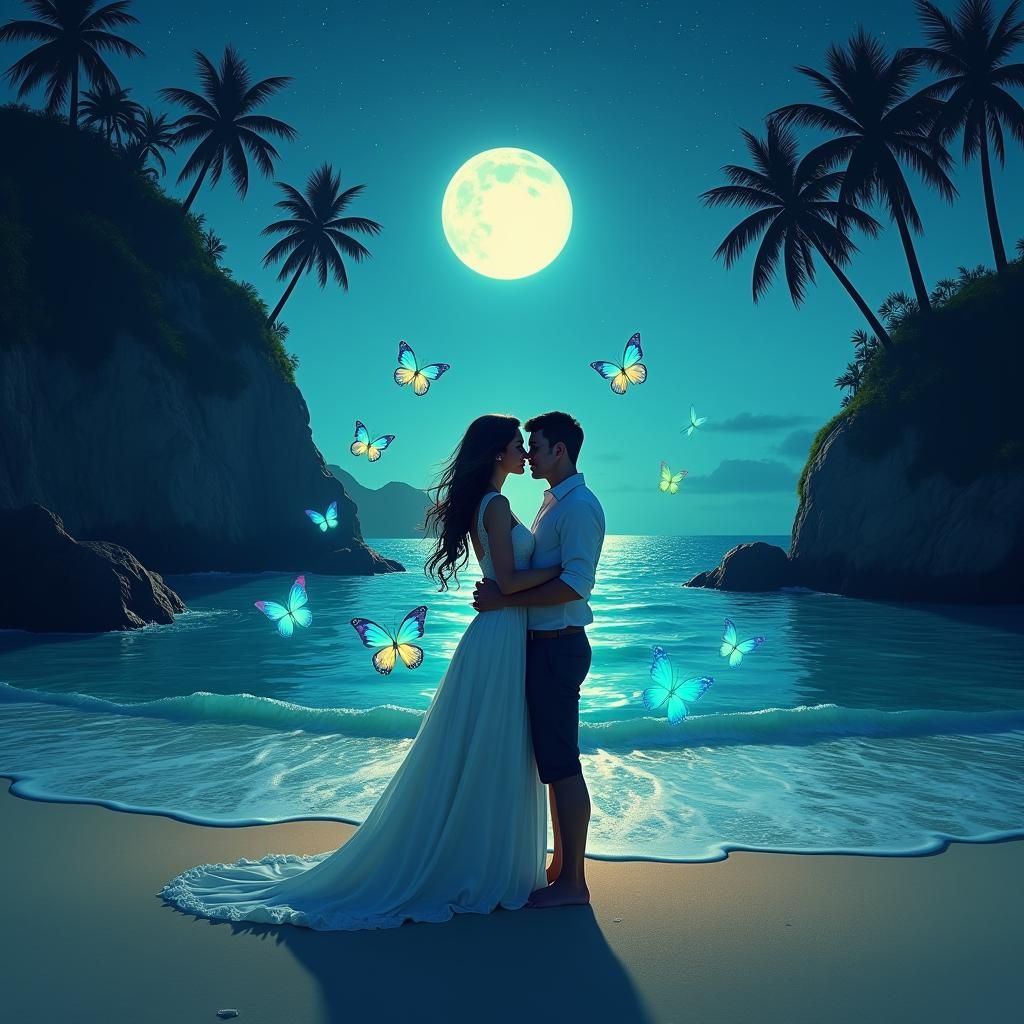 Romantic Couple on Moonlit Beach with Butterflies