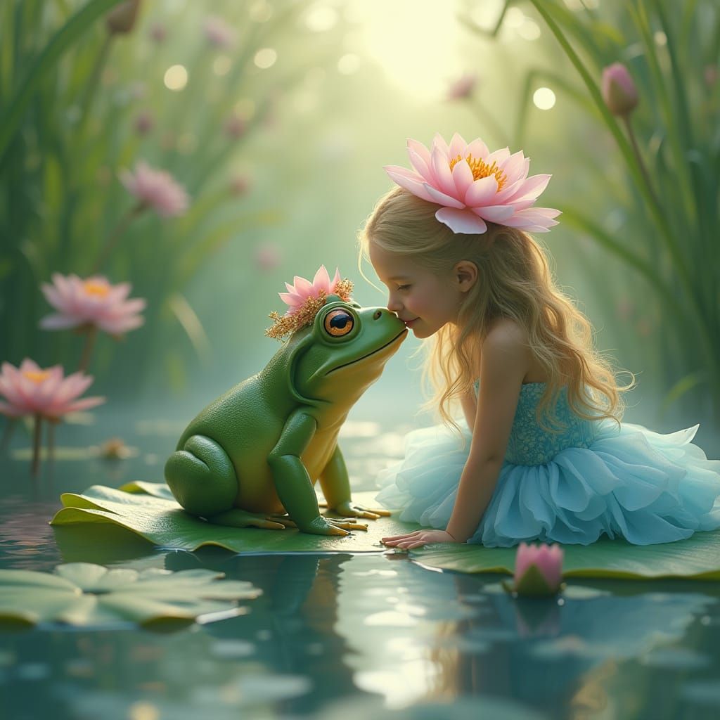 Princess Kisses Frog in Dreamlike Pond Scene