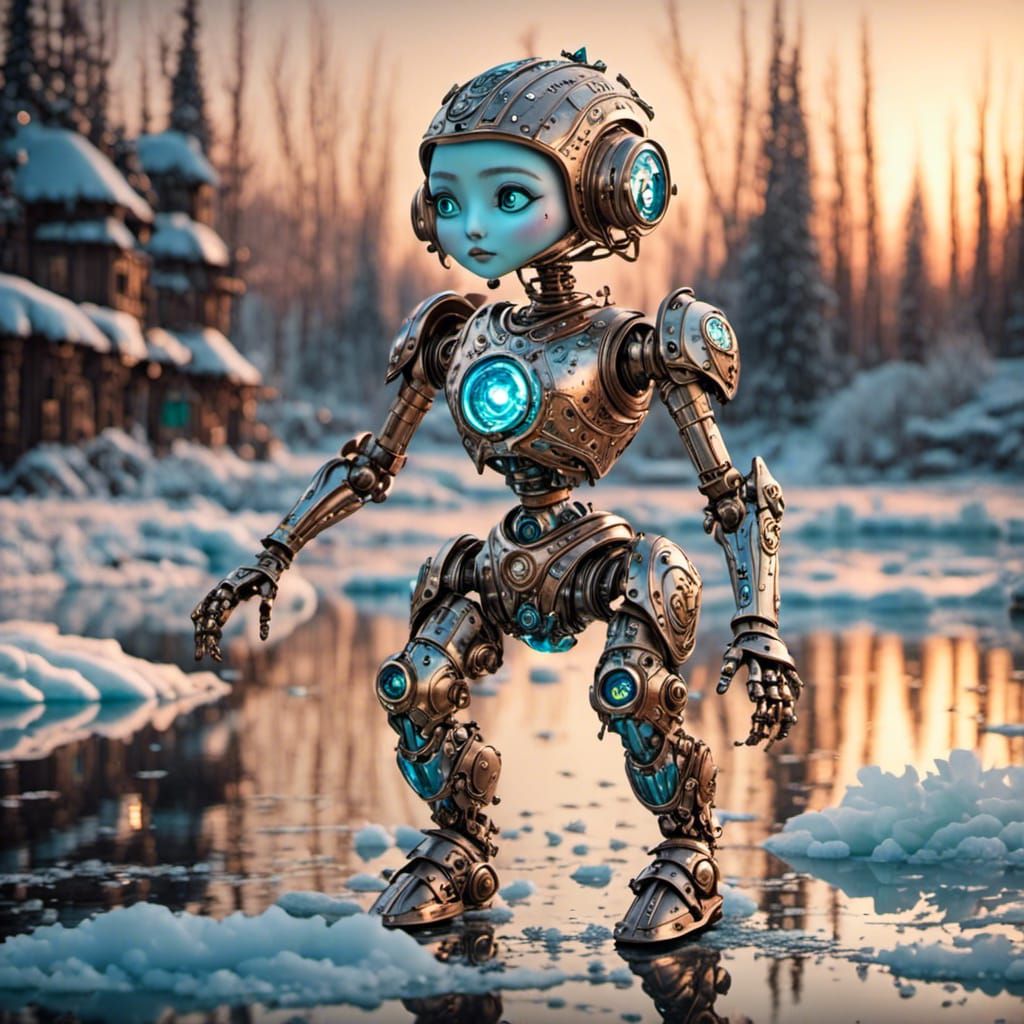 Robotic Ballerina on Ice at Sunset: Surreal Android Art