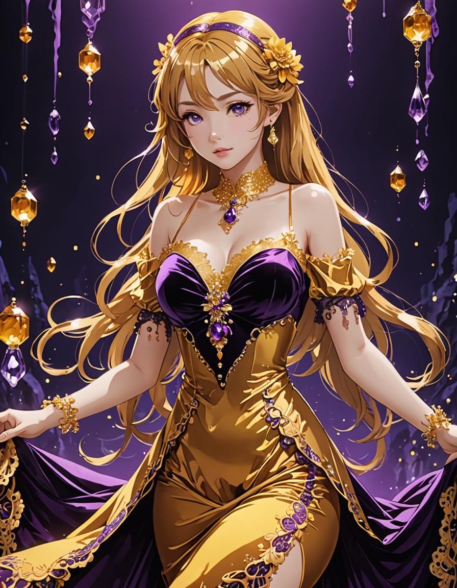 Golden Honey and Purple Dress in Anime Style