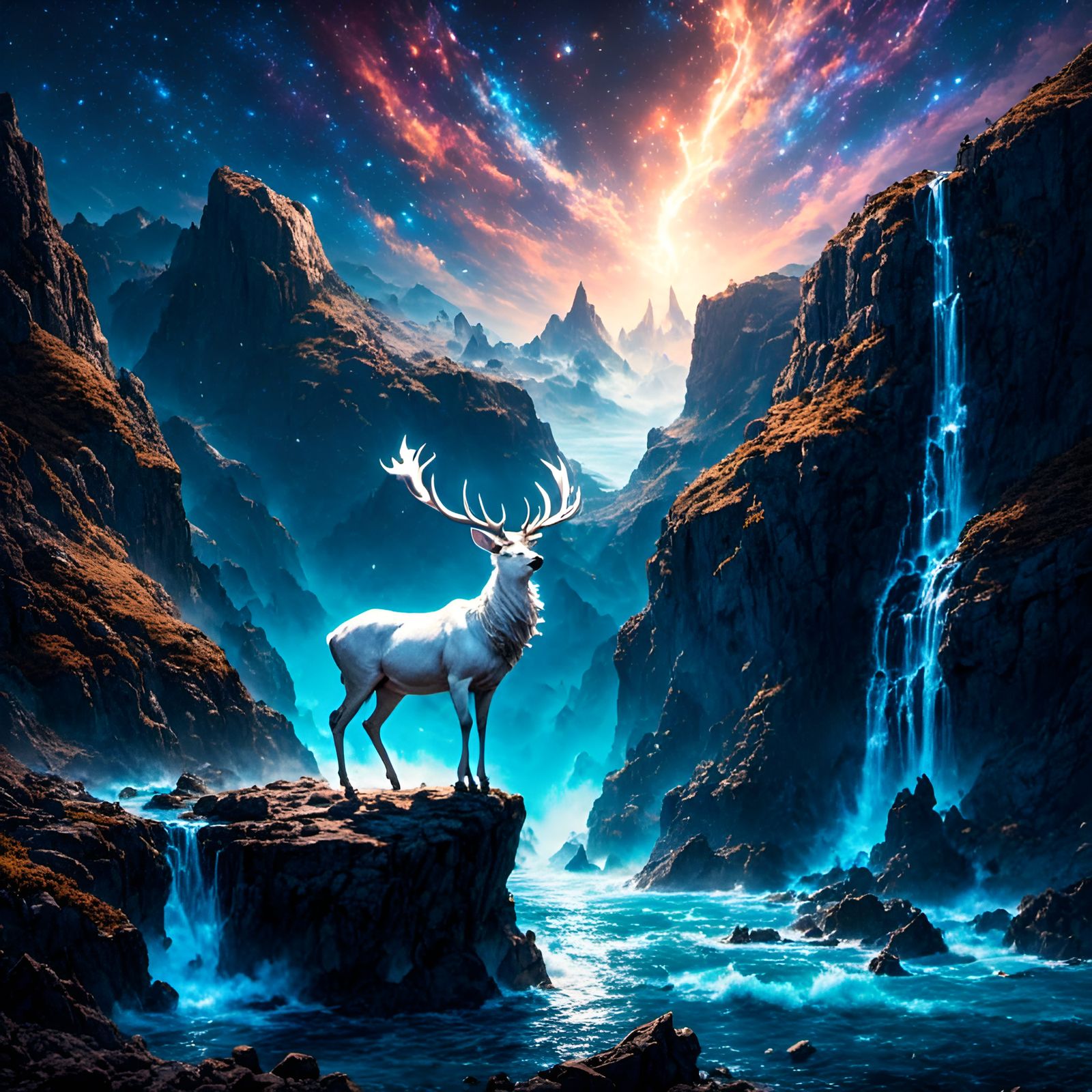 Glowing White Stag on Sea Cliff Under Starry Sky