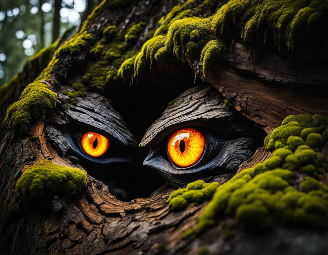 Glowing Eyes in a Dark Forest Hollow