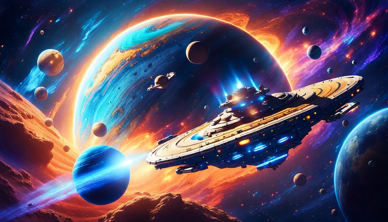Spaceship Voyage Through Galaxy in Vibrant Digital Art