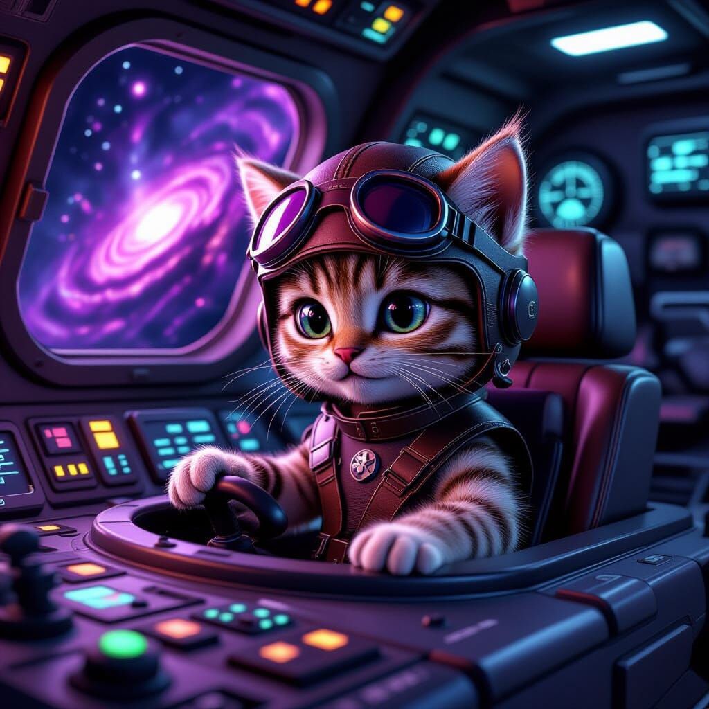 Anthropomorphic Kitten Pilot in Retro Spaceship Cockpit