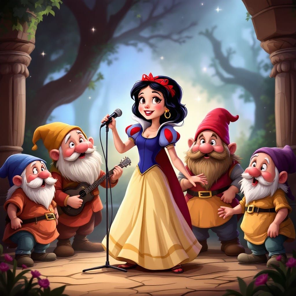 Snow White and the Rocking Dwarfs in Vibrant Cartoon Style