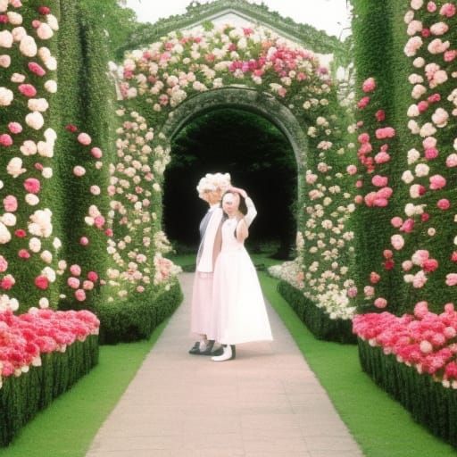 Couple Strolling Through a Flower Garden