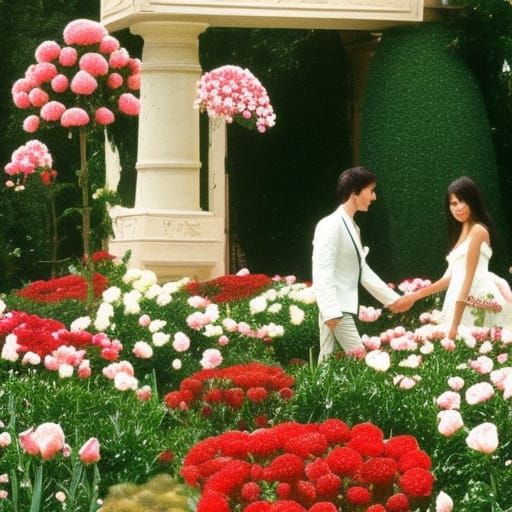 Couple Walking in a Vibrant Flower Garden