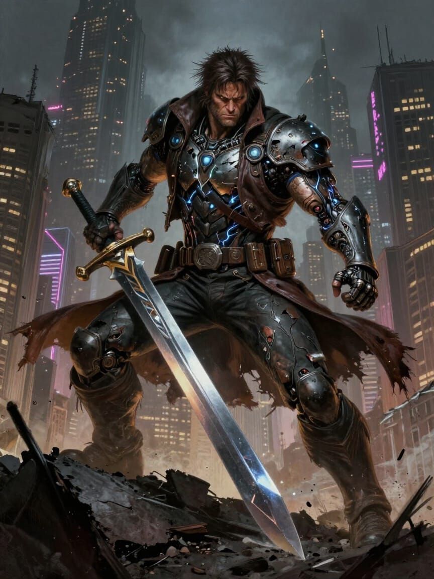 The Outlaw Ironclad in Brooding Pose Over Ruined Cityscape