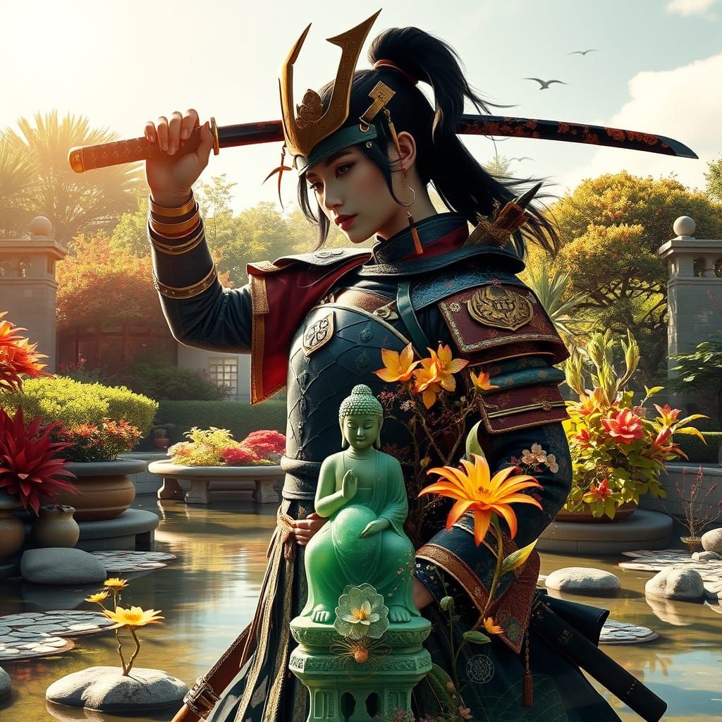 Samurai Warrior in Dreamlike Japanese Garden