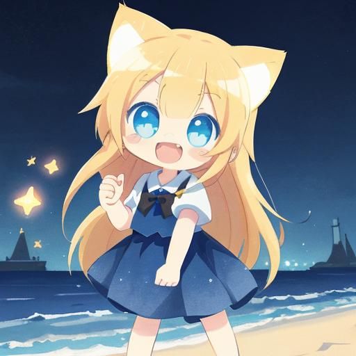 Adorable Chibi Catgirl on Beach at Night