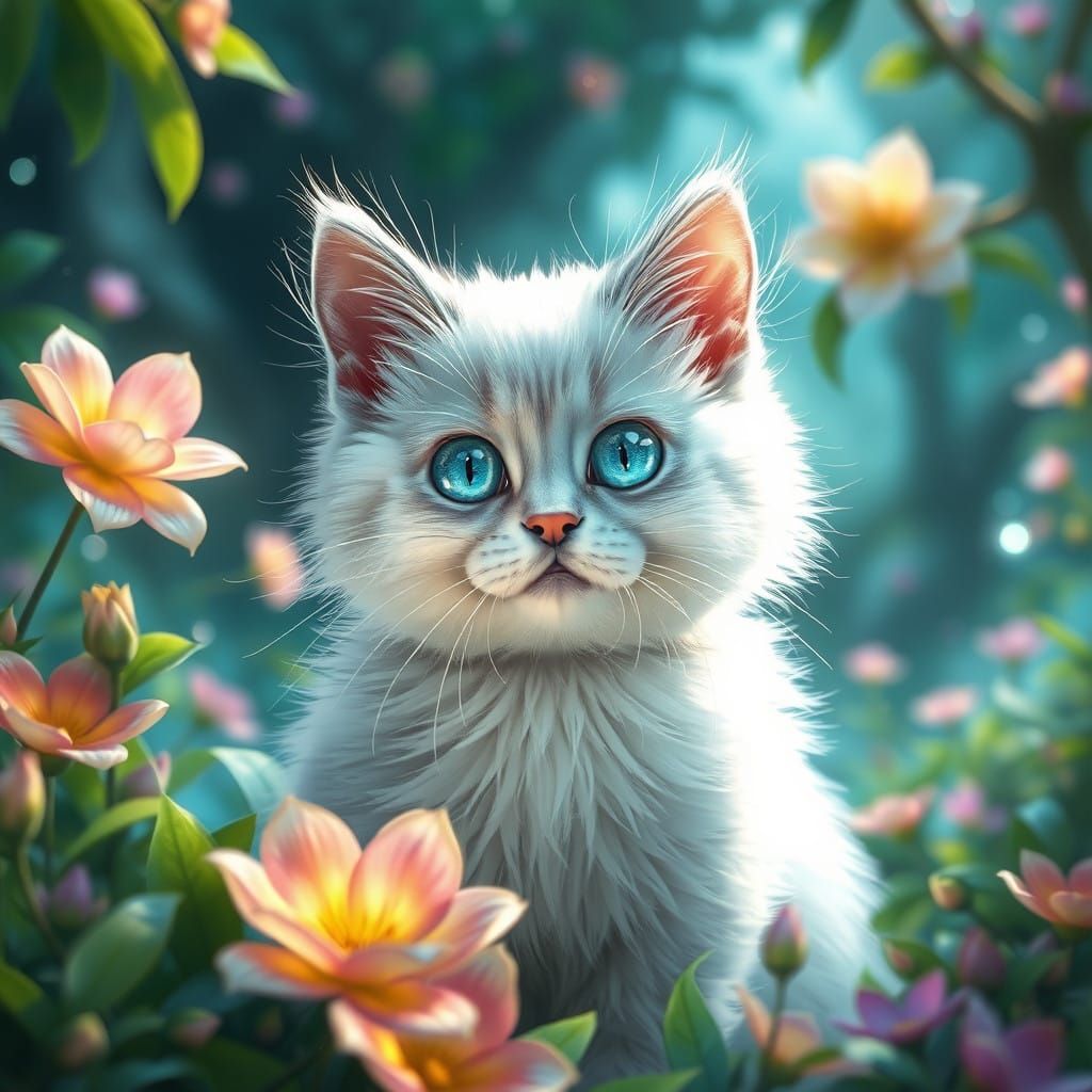 Whimsical White Cat in Dreamlike Enchanted Realm