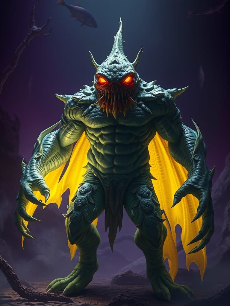 Heroic Gill-Man in Mystical Blue Lagoon Scene