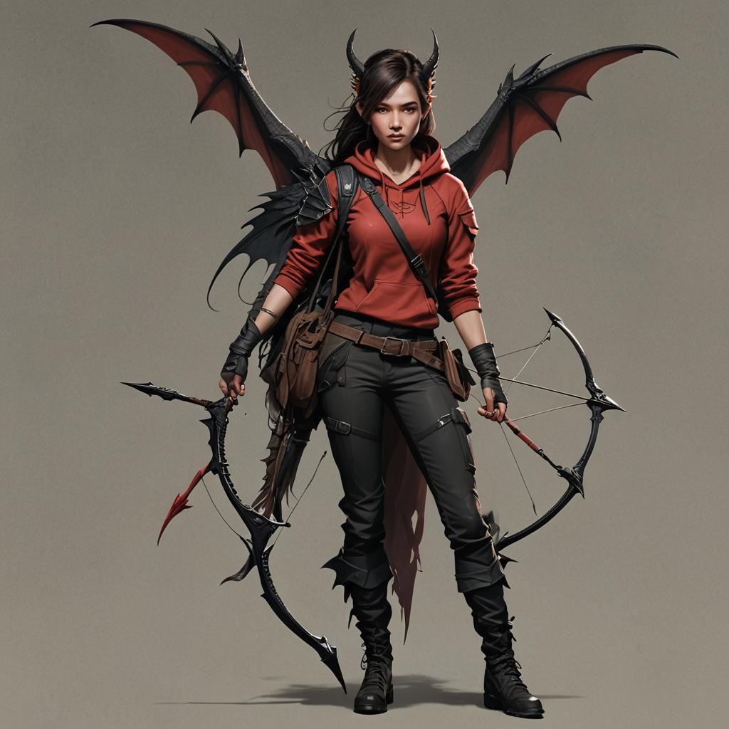 Human-Dragon Hybrid Girl with Bow and Arrow