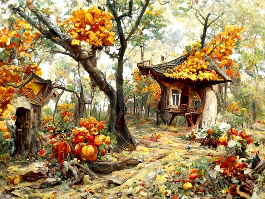 Autumnal Flower Treehouse Village in Oil Painting Style