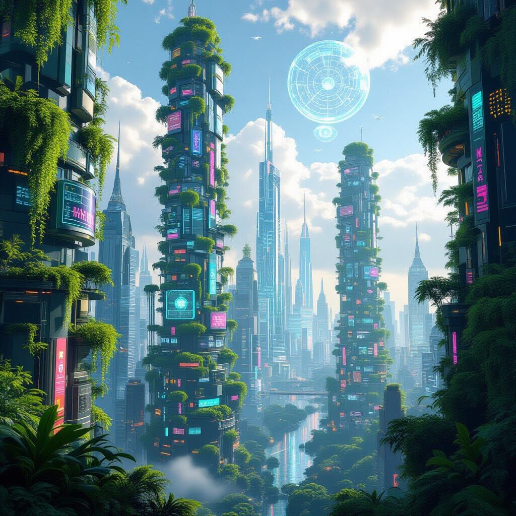 Futuristic City of Living Plants and Holograms