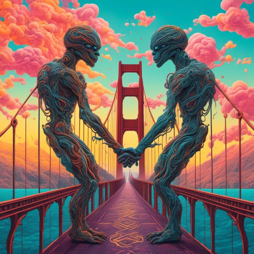 Alien Handshake on Golden Gate Bridge in Pop Art Style