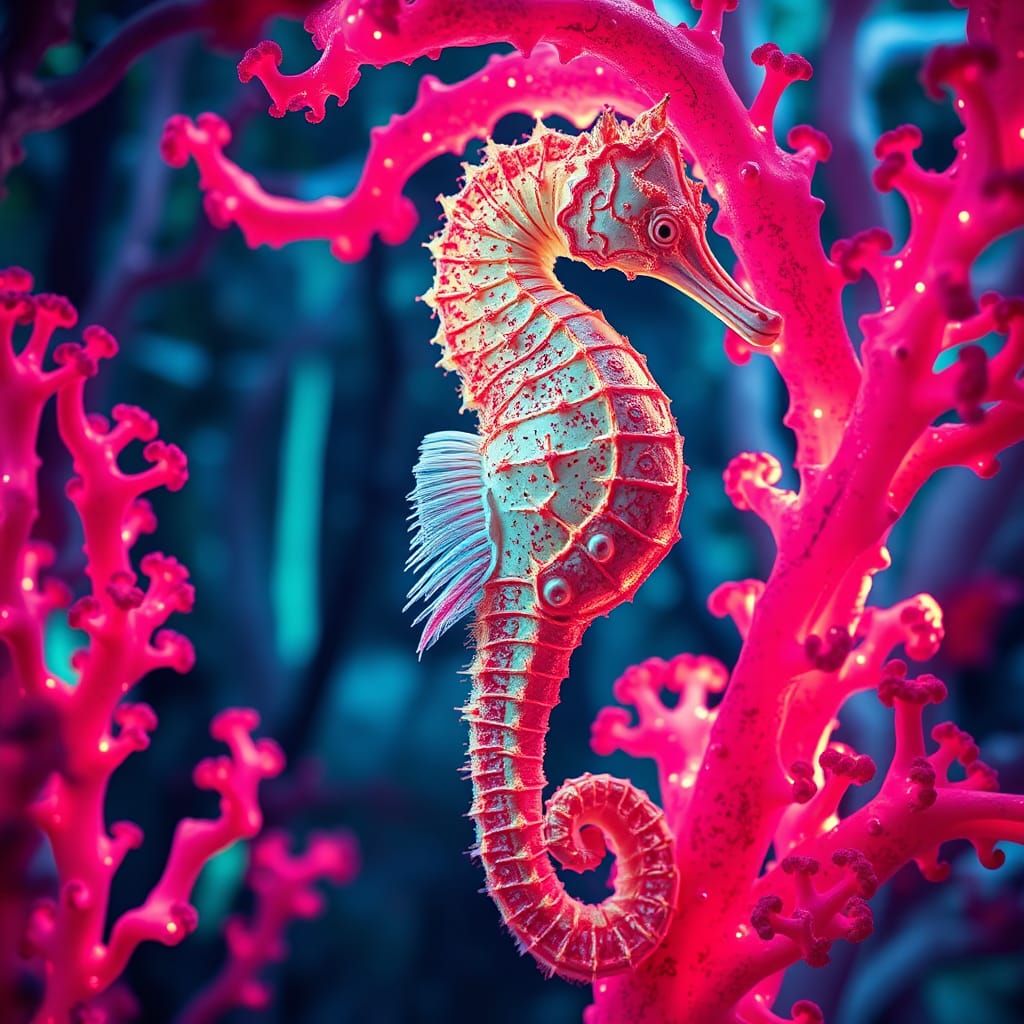 Neon Seahorse in Mycelium Network, Digital Art