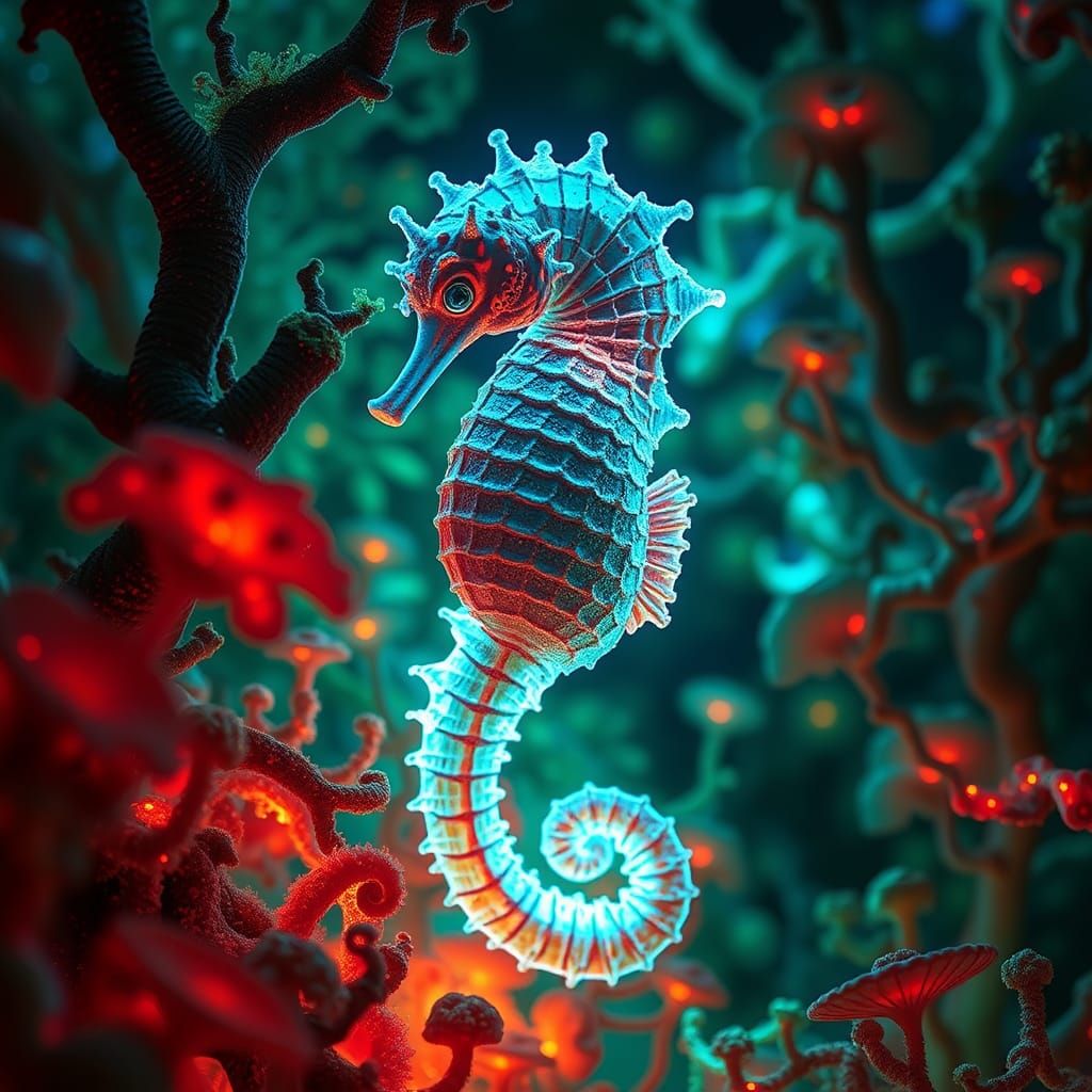 Neon Seahorse in Mycelium Network: Digital Art