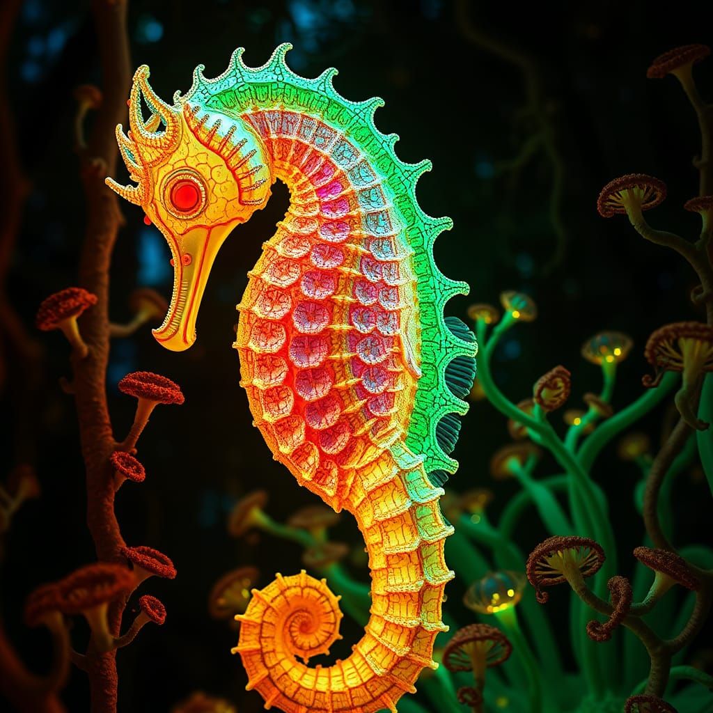 Neon Seahorse in Mycelium Network, Detailed Digital Art