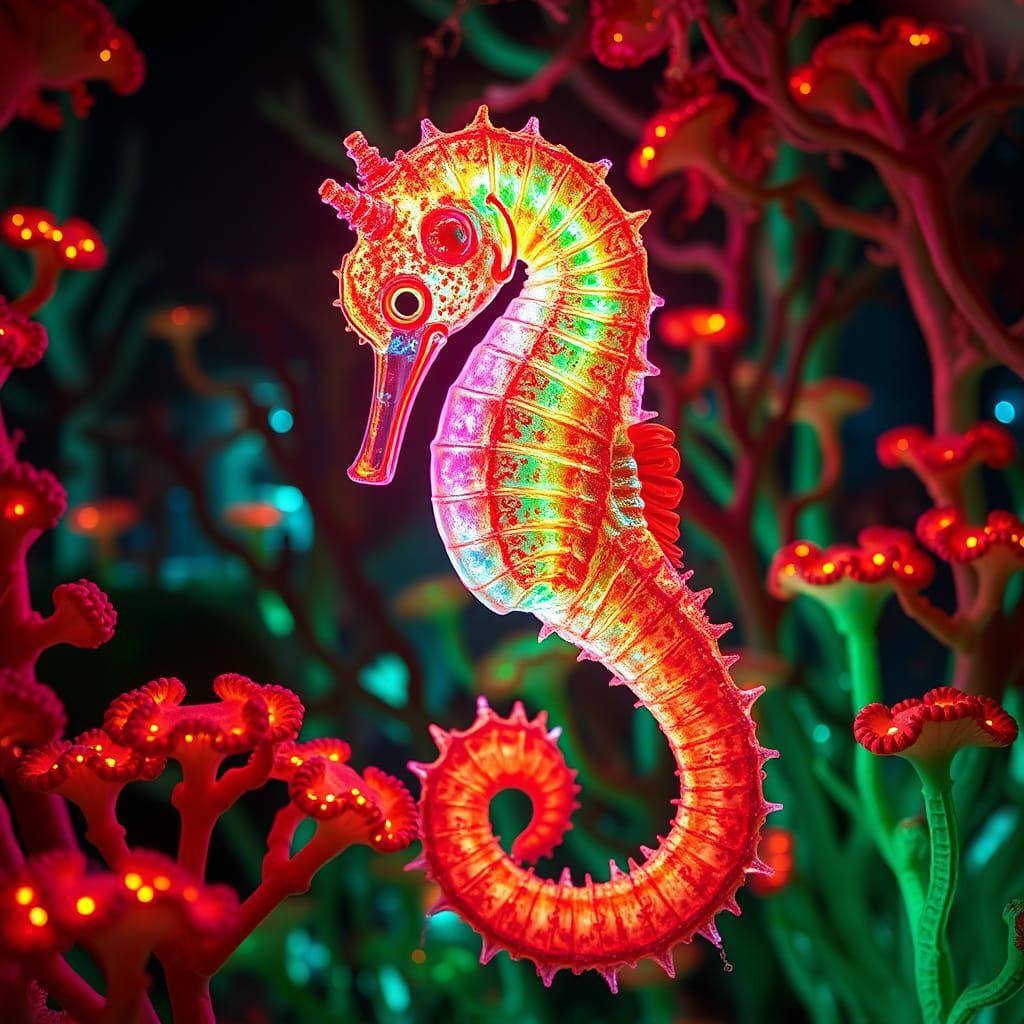 Neon Seahorse Farting in Mycelium Network