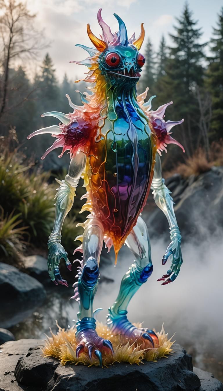 Surreal Glass Monster Sculpture in Dreamlike Landscape