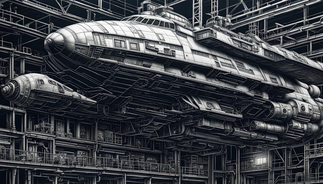 Detailed Blueprint of Space Ship Alpha in Charcoal