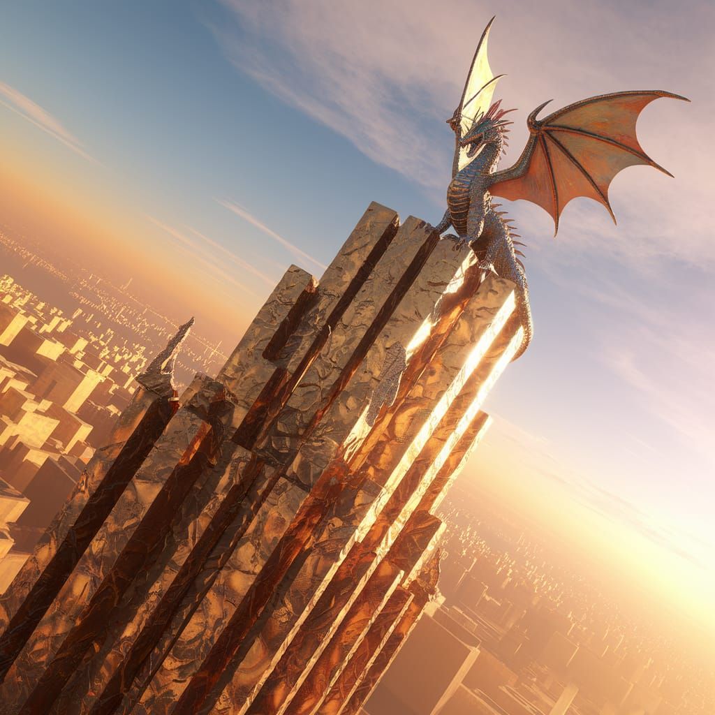 Golden Dragon Perched Atop Tower, 3D Render
