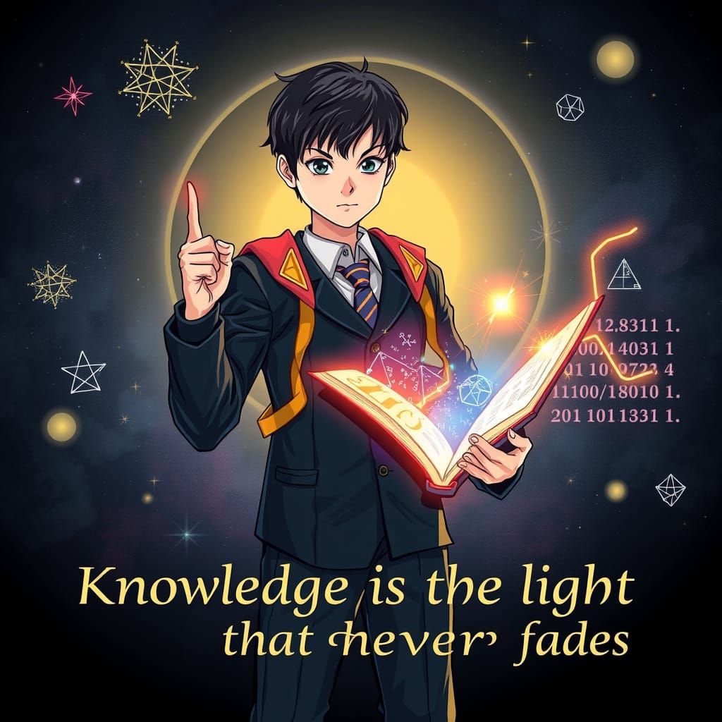 Heroic Student with Glowing Book in Cosmic School