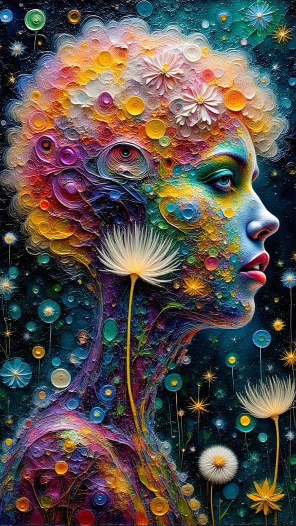 Ethereal Dandelion Mindscape in Abstract Encaustic Style