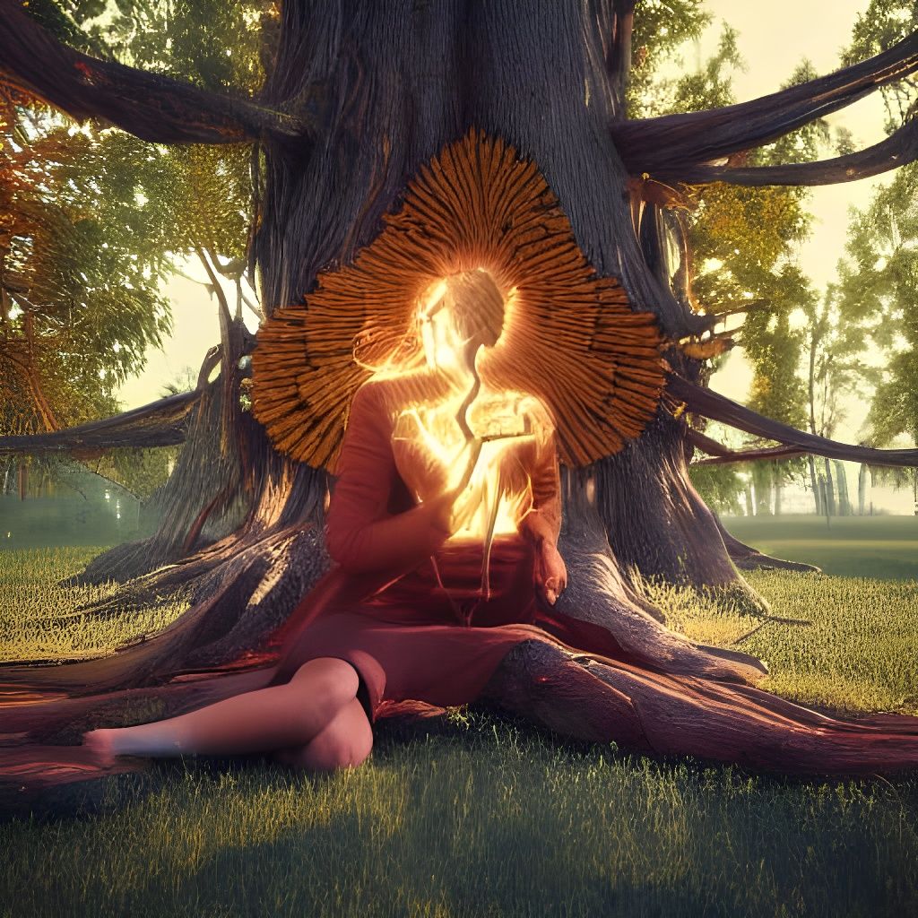 Fire Goddess Hugs Burning Tree in Hyperrealism
