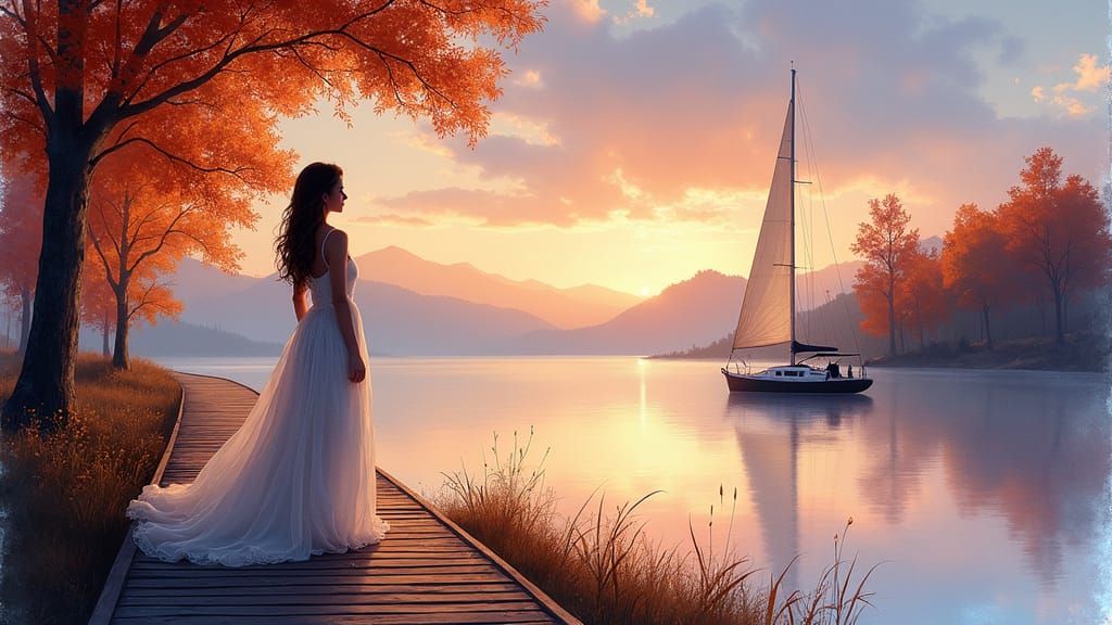 Woman on Pier at Twilight in Watercolor Style