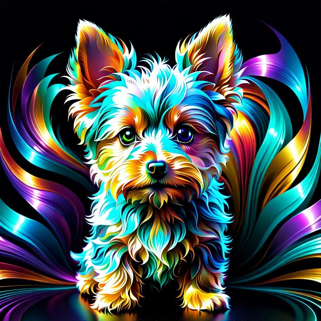 Iridescent Yorkshire Terrier Puppy in Abstract Fractal Desig...