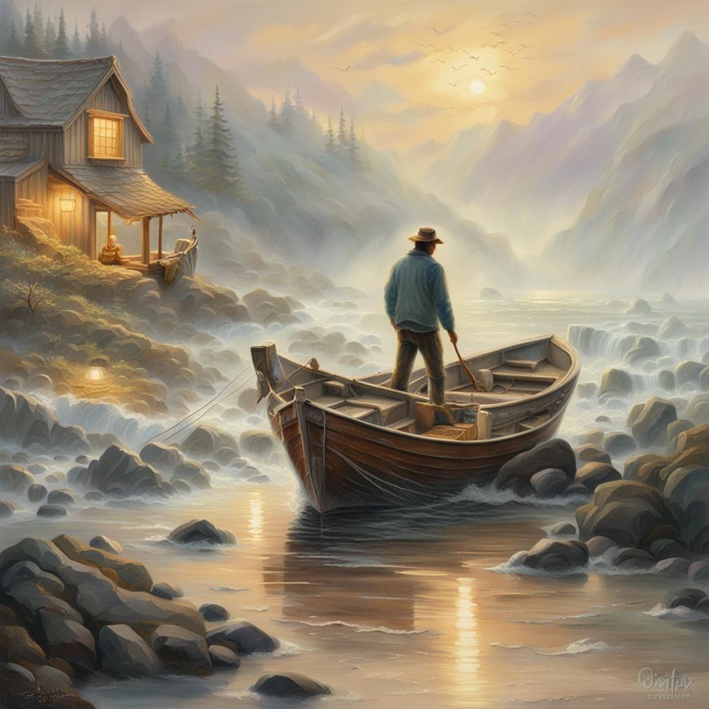 Fisherman in Mist: Ethereal Fantasy Art
