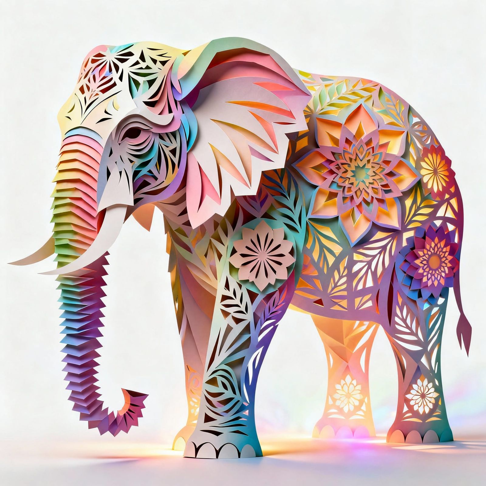 Psychedelic Kirigami Elephant in Rainbow Pastels