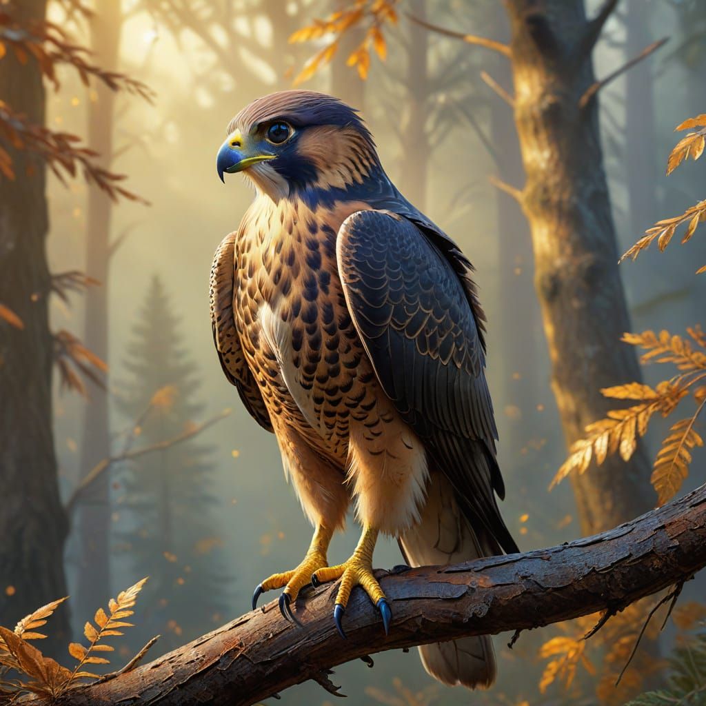 Falcon Perched in Misty Forest: Oil Painting