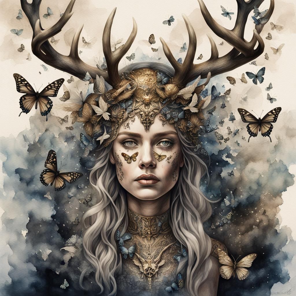 Watercolor Woman with Stag Skull and Butterflies