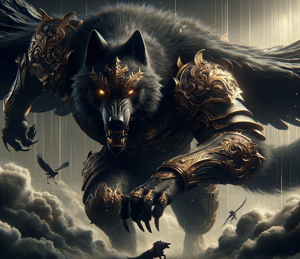 Armored Black Wolf Leaps onto Dark Fantasy Battlefield