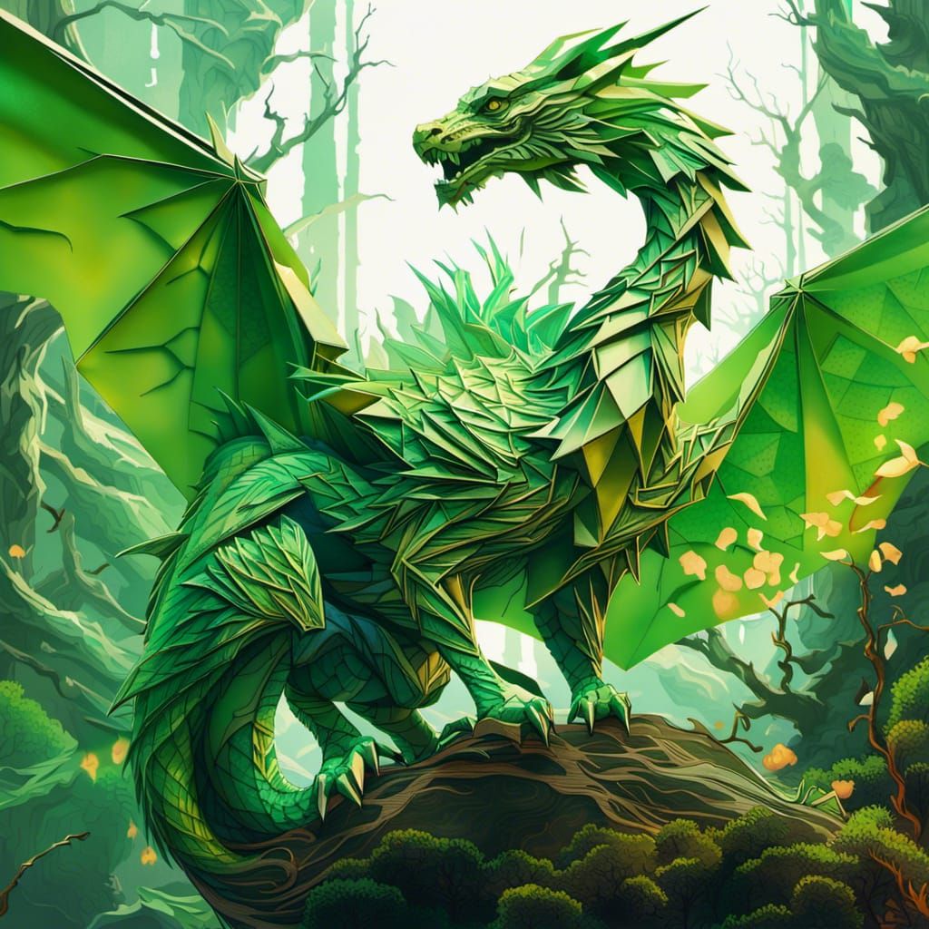 Green origami Dragon in beautiful background