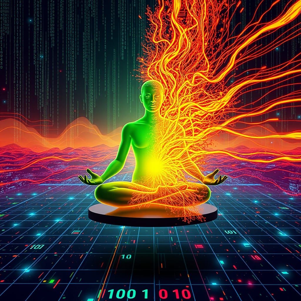 Meditating Figure in Cyberpunk Digital Art
