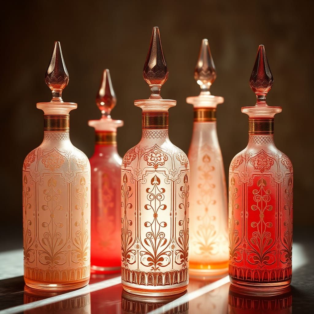 Ancient Egyptian blown glass apothecary bottles in varying shades of rose and red