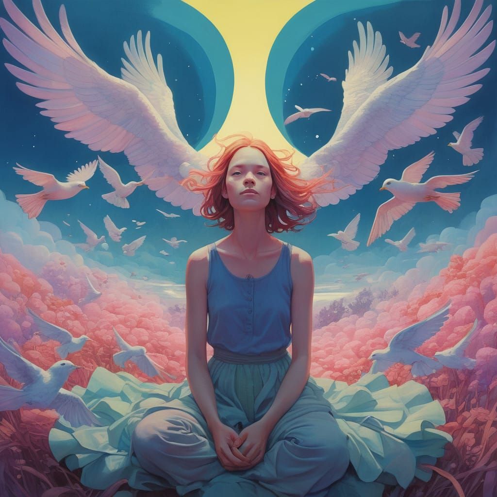 Woman in Ethereal Enlightenment with Soft Angels in Cinemati...