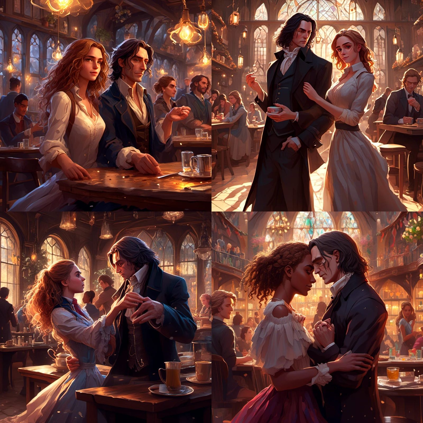 Young Severus Snape and grown-up Hermione Granger dancing in a café
