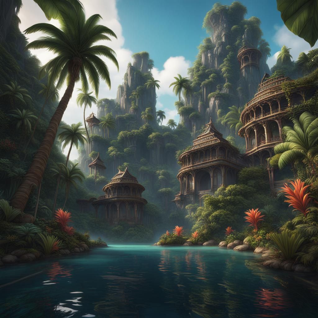 Detailed Tropical Matte Painting in Deep Color