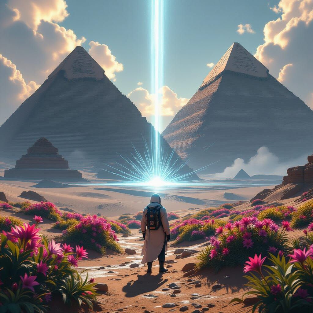 Futuristic Explorer at Giza Pyramids with Alien Flora