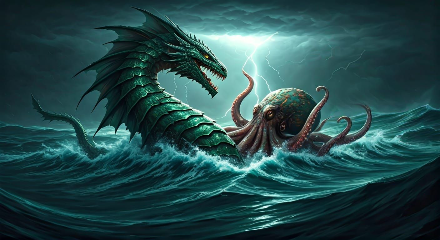 Epic Sea Dragon Versus Giant Octopus in Dark Surrealism