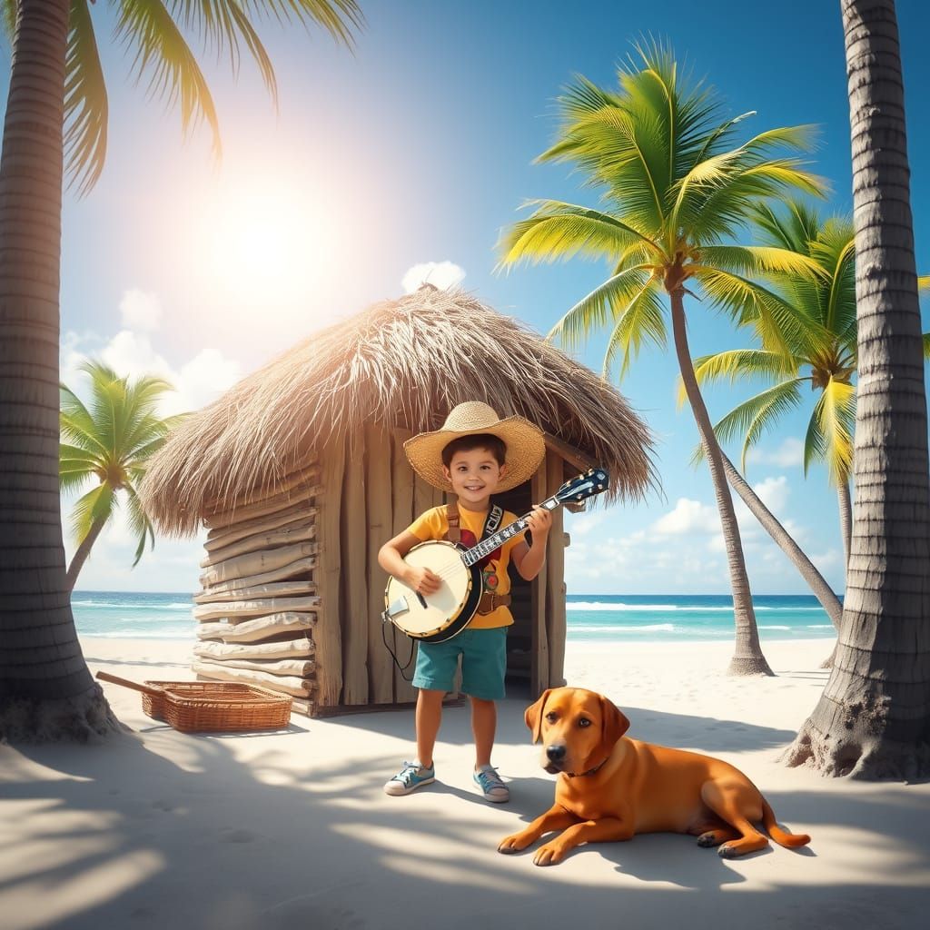 Young Boy Plays Banjo on Beachside Shack