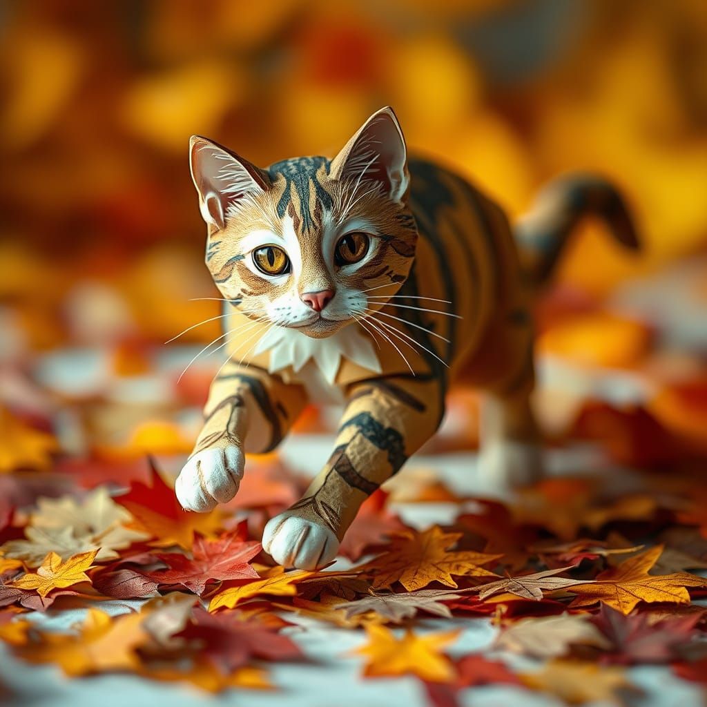 Paper Collage Cat Pouncing on Autumn Leaves