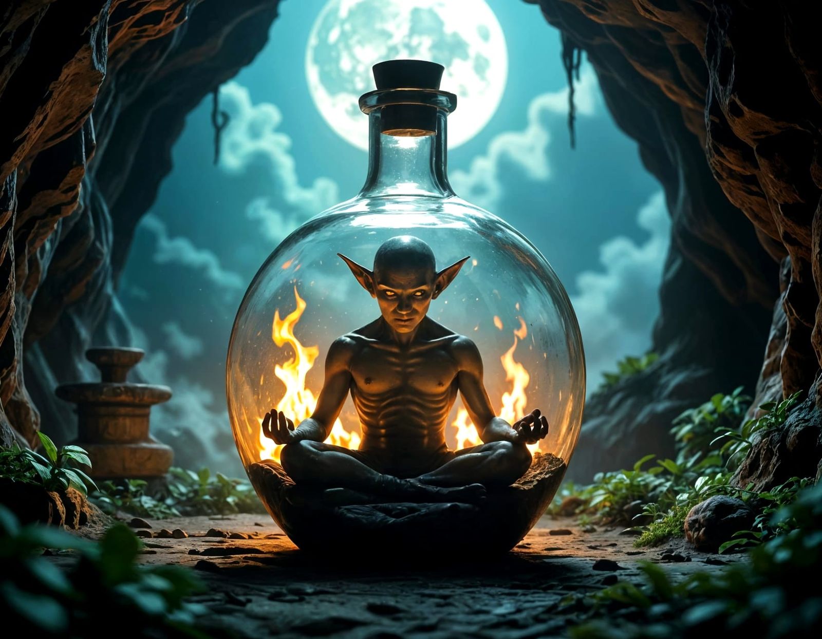Creepy Homunculus Garden in a Bottle, Digital Matte Painting