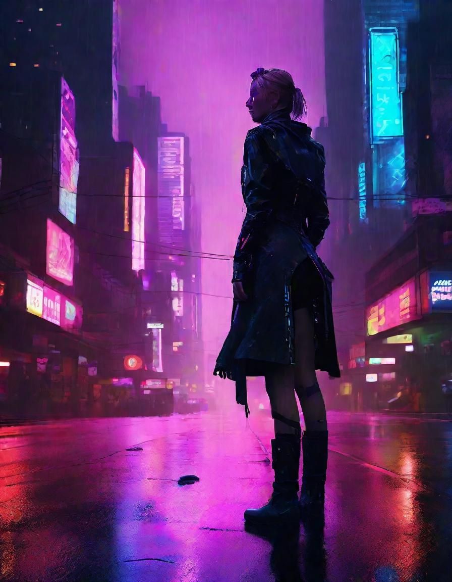 Cyberpunk Warrior Stands at Brink of Rain-Soaked City